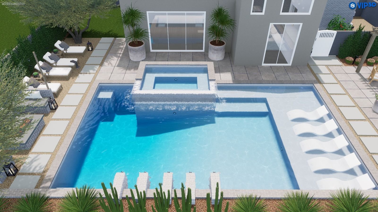 Capistrano Pool and Spa 30′ × 42′ — 3D design view
